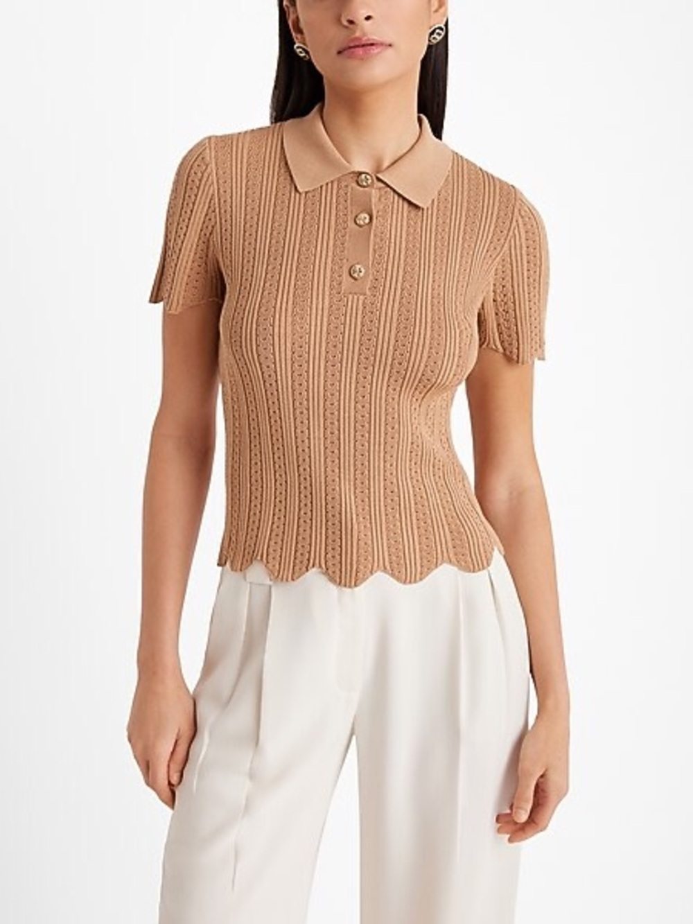 NWT Express Tan Ribbed Scalloped Novelty Button Short Sleeve Sweater Knit Polo